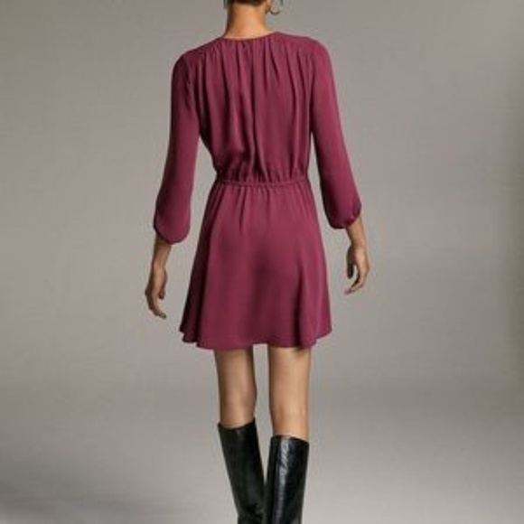 Aritzia Babaton Burgundy Long Sleeve V-Neck Chiffon Button Mini Day Dress - Sz S - Picture 3 of 16